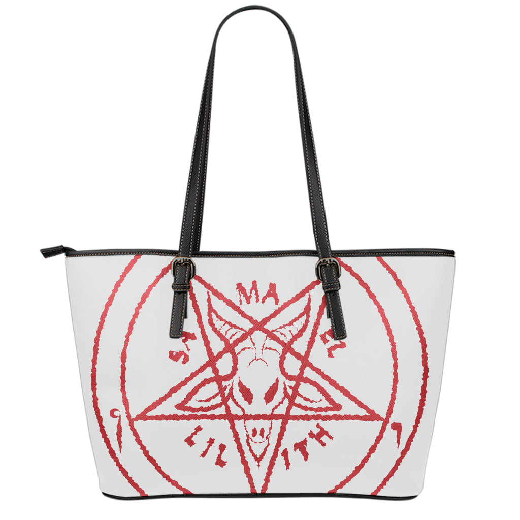 Red Satanic Pentagram Symbol Print Leather Tote Bag