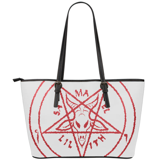 Red Satanic Pentagram Symbol Print Leather Tote Bag