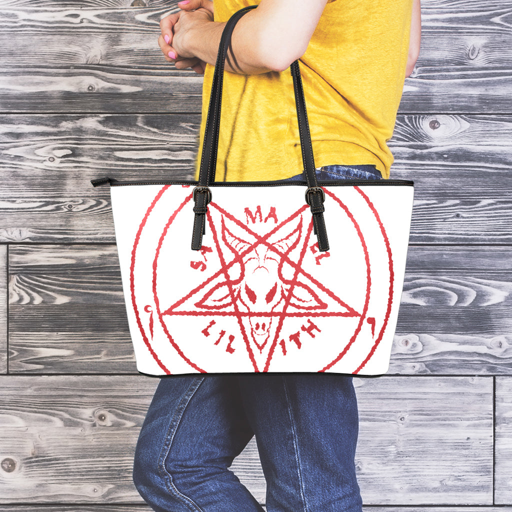 Red Satanic Pentagram Symbol Print Leather Tote Bag
