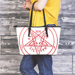 Red Satanic Pentagram Symbol Print Leather Tote Bag