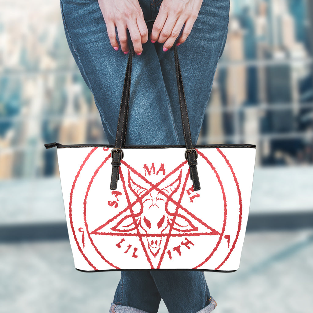 Red Satanic Pentagram Symbol Print Leather Tote Bag