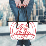 Red Satanic Pentagram Symbol Print Leather Tote Bag