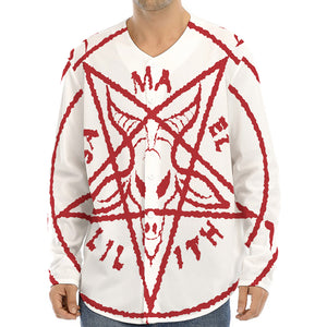 Red Satanic Pentagram Symbol Print Long Sleeve Baseball Jersey