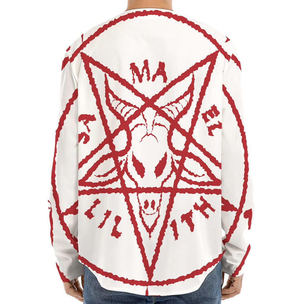 Red Satanic Pentagram Symbol Print Long Sleeve Baseball Jersey