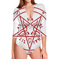 Red Satanic Pentagram Symbol Print Long Sleeve Swimsuit