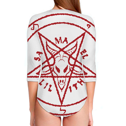 Red Satanic Pentagram Symbol Print Long Sleeve Swimsuit
