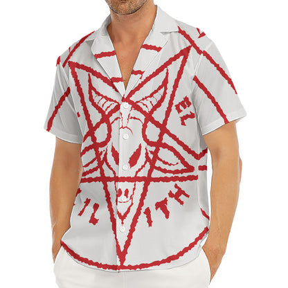 Red Satanic Pentagram Symbol Print Men's Deep V-Neck Shirt