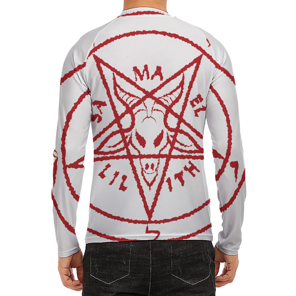 Red Satanic Pentagram Symbol Print Men's Long Sleeve Rash Guard