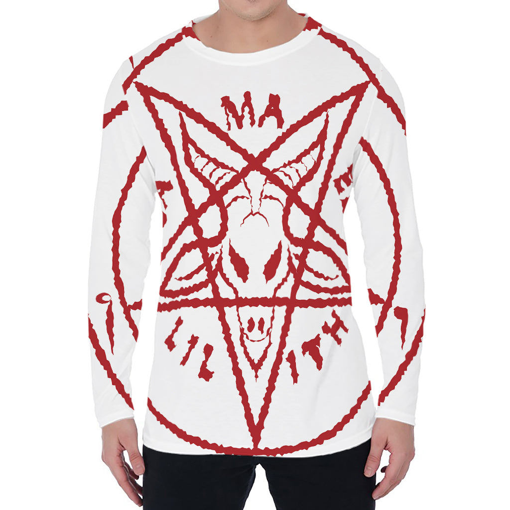 Red Satanic Pentagram Symbol Print Men's Long Sleeve T-Shirt