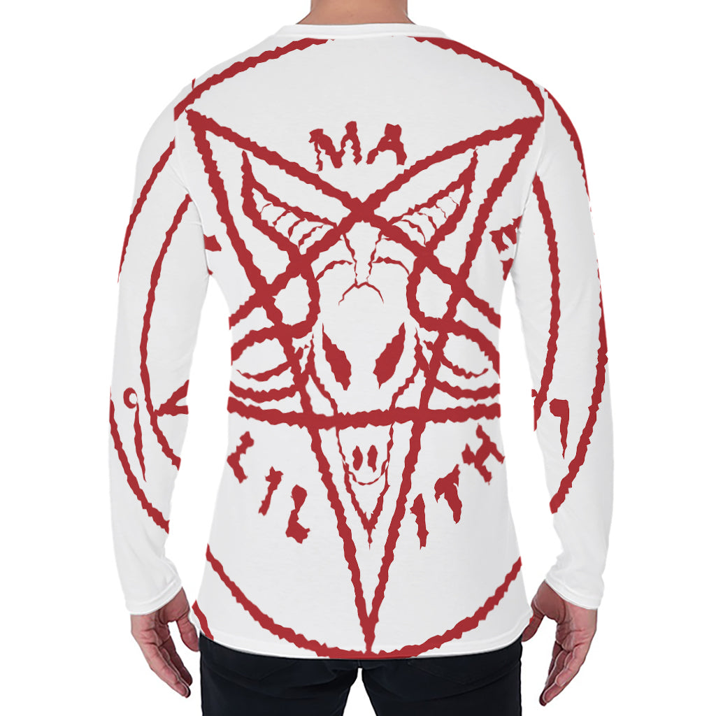 Red Satanic Pentagram Symbol Print Men's Long Sleeve T-Shirt