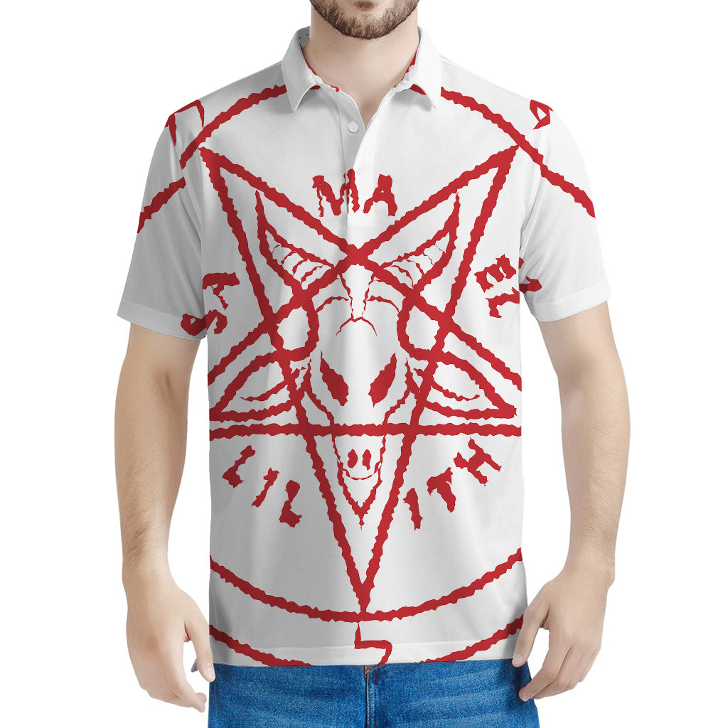 Red Satanic Pentagram Symbol Print Men's Polo Shirt