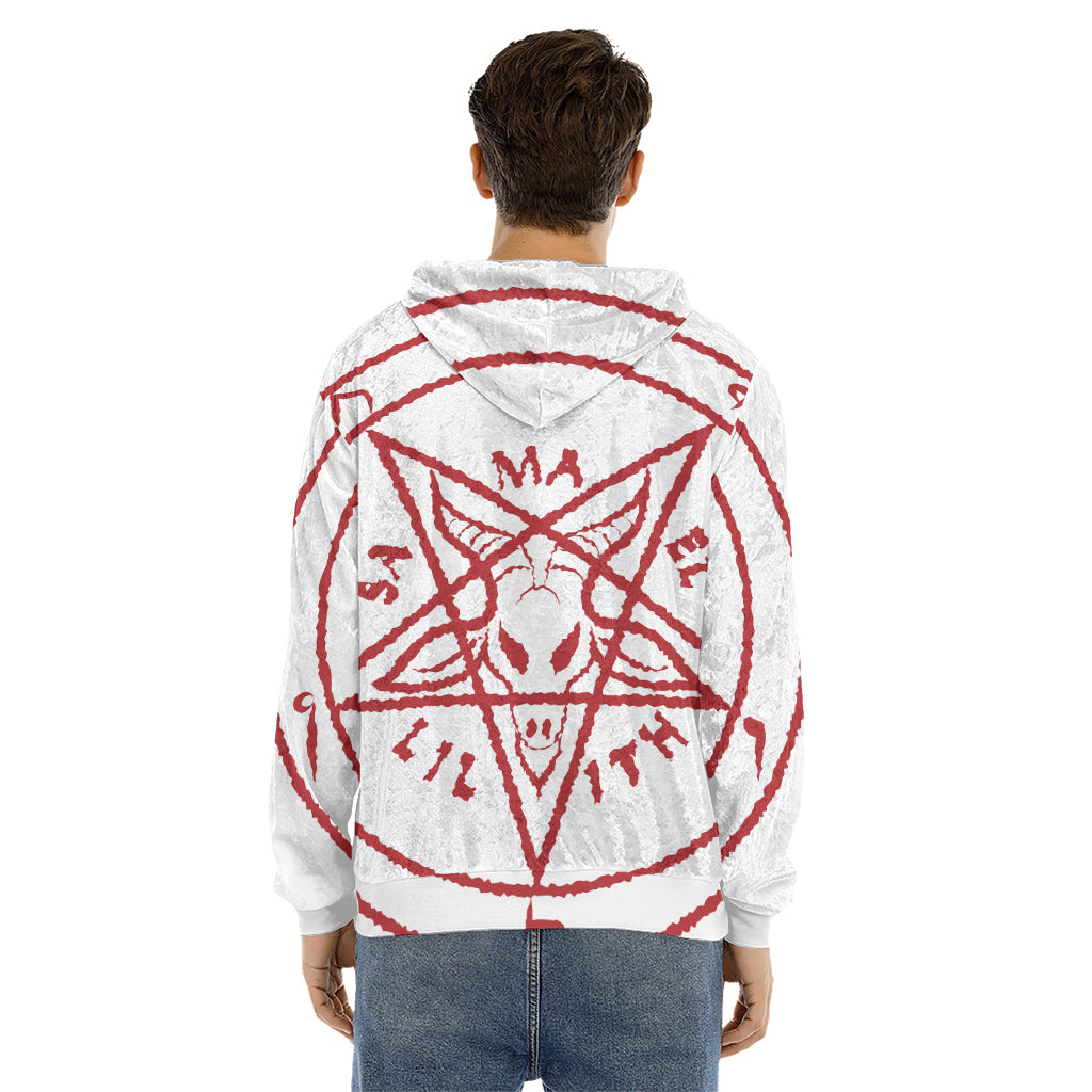 Red Satanic Pentagram Symbol Print Men's Velvet Pullover Hoodie