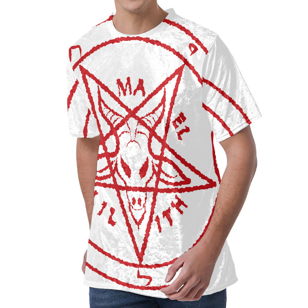 Red Satanic Pentagram Symbol Print Men's Velvet T-Shirt