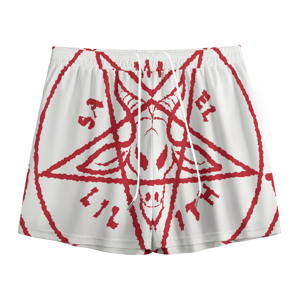 Red Satanic Pentagram Symbol Print Mesh Shorts