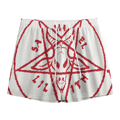 Red Satanic Pentagram Symbol Print Mesh Shorts