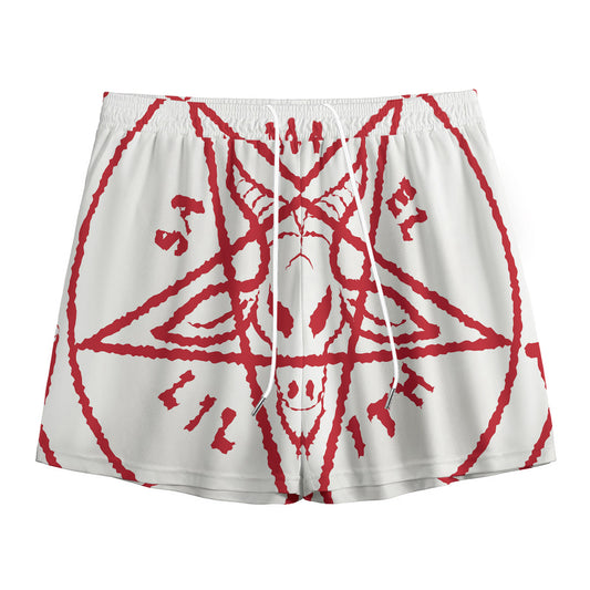 Red Satanic Pentagram Symbol Print Mesh Shorts