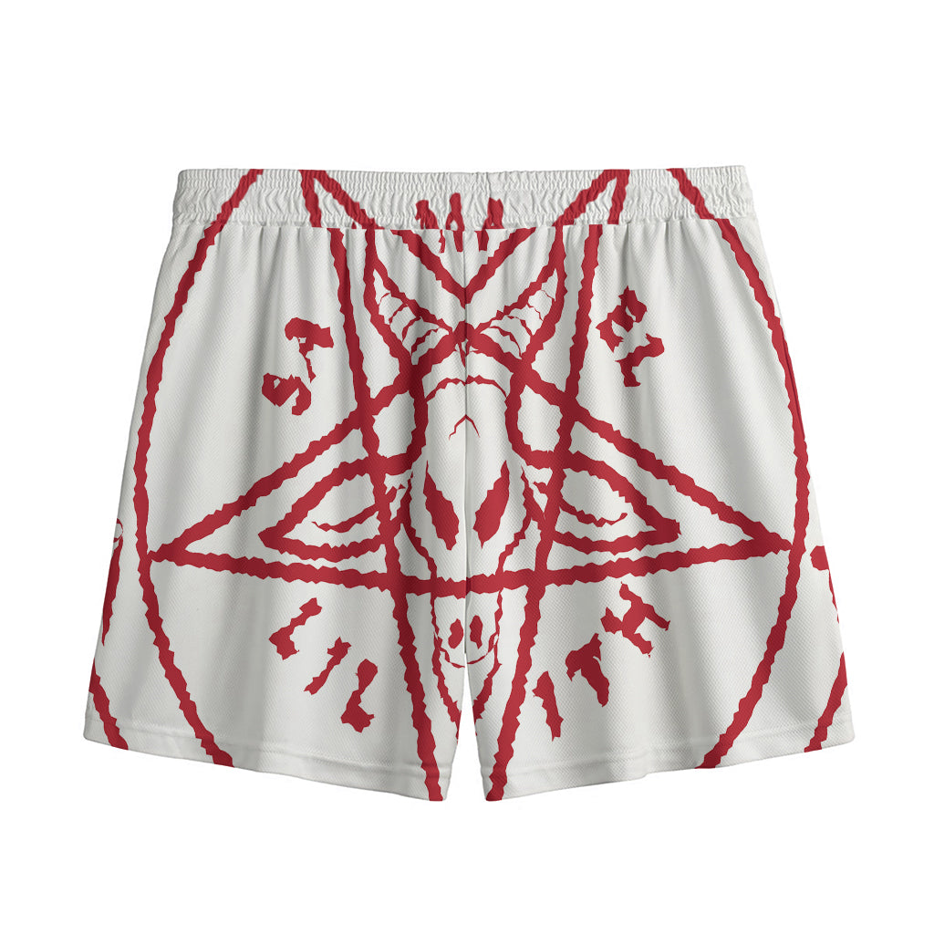 Red Satanic Pentagram Symbol Print Mesh Shorts