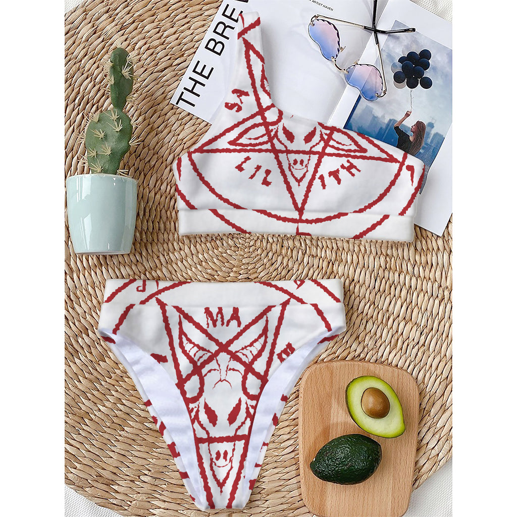 Red Satanic Pentagram Symbol Print One Shoulder Bikini Top