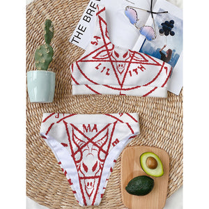 Red Satanic Pentagram Symbol Print One Shoulder Bikini Top