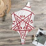 Red Satanic Pentagram Symbol Print One Shoulder Bodysuit