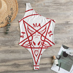 Red Satanic Pentagram Symbol Print One Shoulder Bodysuit