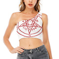 Red Satanic Pentagram Symbol Print One Shoulder Crop Top
