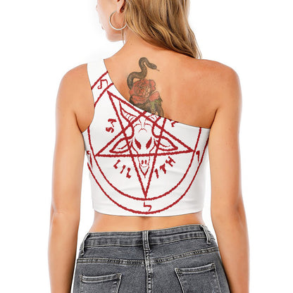 Red Satanic Pentagram Symbol Print One Shoulder Crop Top