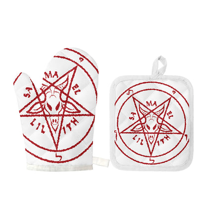 Red Satanic Pentagram Symbol Print Oven Mitt And Pot Holder Set
