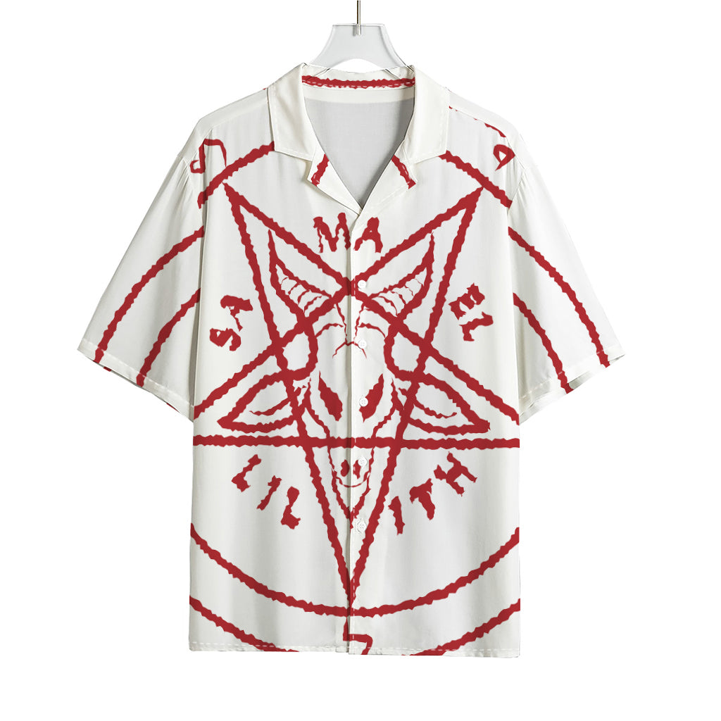 Red Satanic Pentagram Symbol Print Rayon Hawaiian Shirt