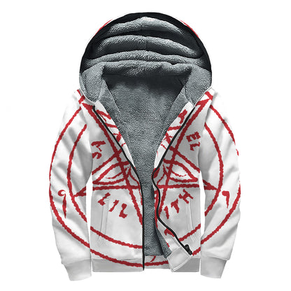 Red Satanic Pentagram Symbol Print Sherpa Lined Zip Up Hoodie