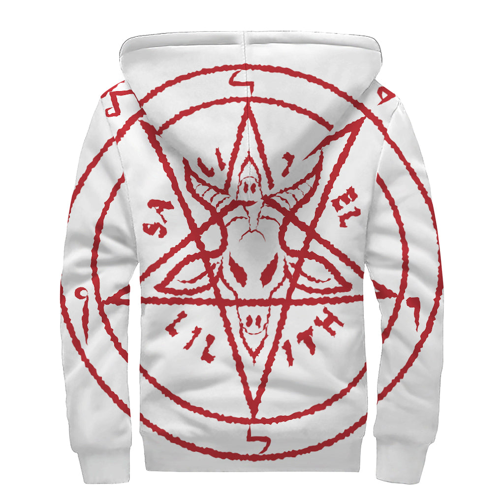 Red Satanic Pentagram Symbol Print Sherpa Lined Zip Up Hoodie
