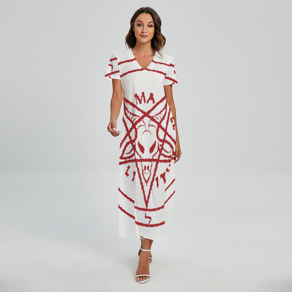 Red Satanic Pentagram Symbol Print Short Sleeve Maxi Dress