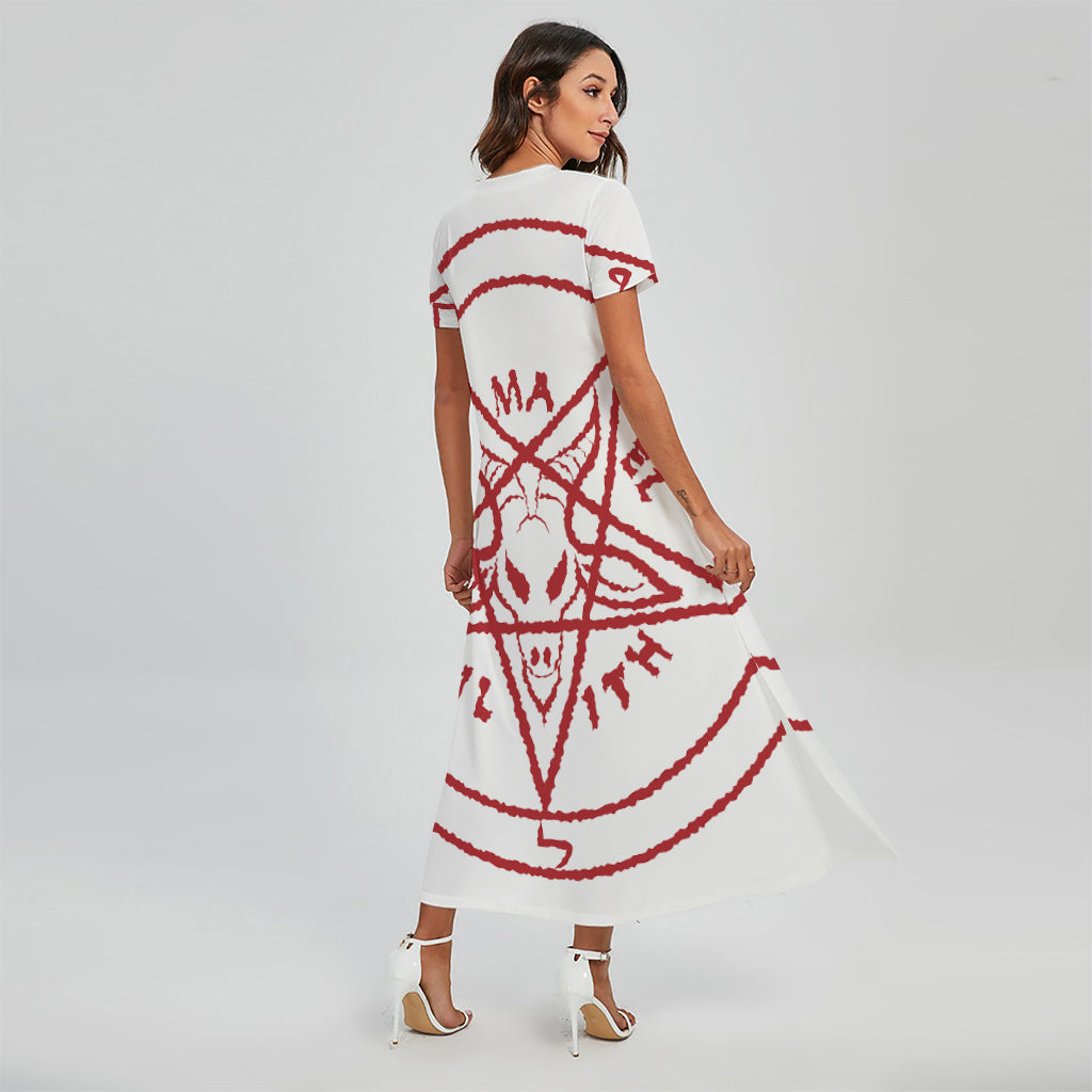 Red Satanic Pentagram Symbol Print Short Sleeve Maxi Dress