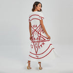 Red Satanic Pentagram Symbol Print Short Sleeve Maxi Dress