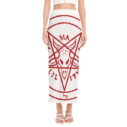 Red Satanic Pentagram Symbol Print Side Slit Maxi Skirt