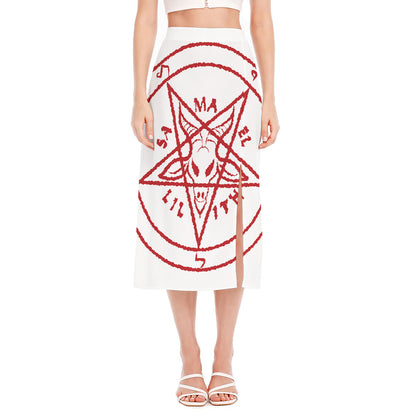 Red Satanic Pentagram Symbol Print Side Slit Midi Skirt