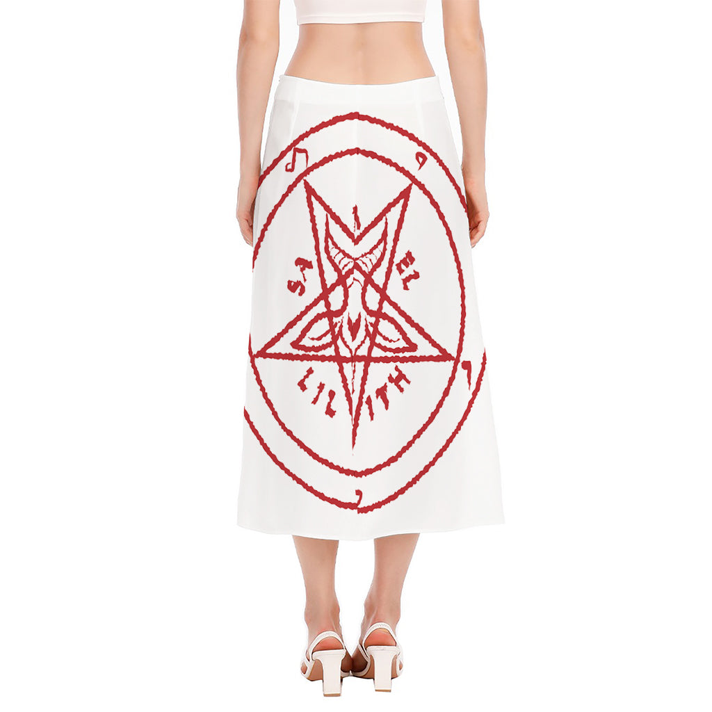 Red Satanic Pentagram Symbol Print Side Slit Midi Skirt
