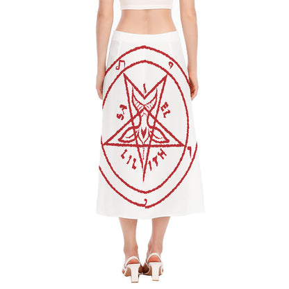 Red Satanic Pentagram Symbol Print Side Slit Midi Skirt