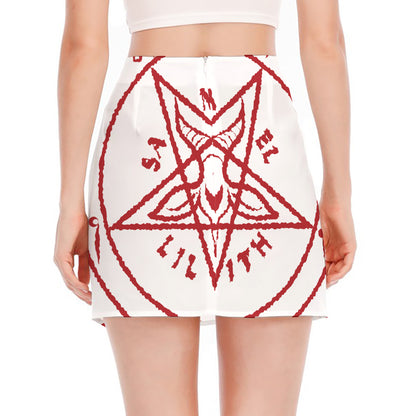 Red Satanic Pentagram Symbol Print Side Slit Mini Skirt