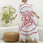 Red Satanic Pentagram Symbol Print Silk V-Neck Kaftan Dress