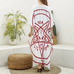 Red Satanic Pentagram Symbol Print Silk V-Neck Kaftan Dress