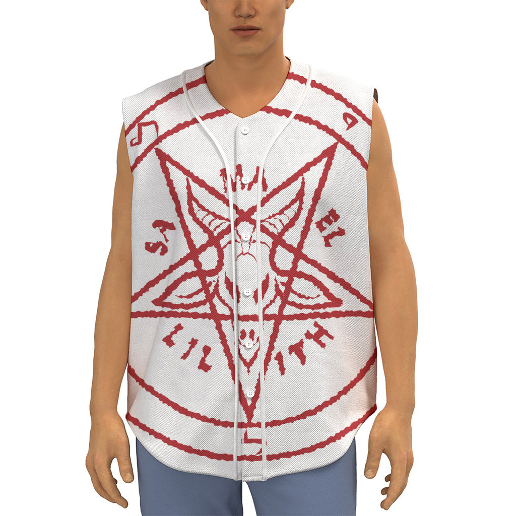 Red Satanic Pentagram Symbol Print Sleeveless Baseball Jersey