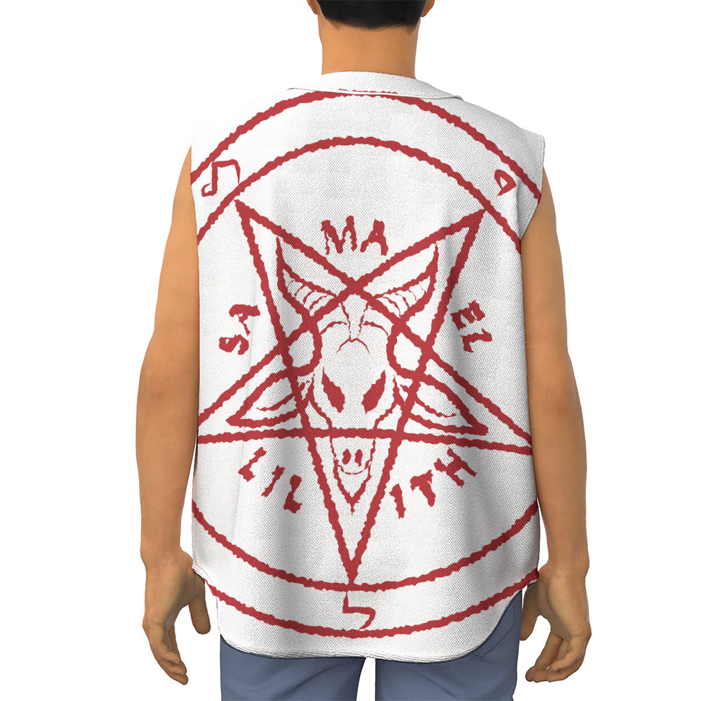 Red Satanic Pentagram Symbol Print Sleeveless Baseball Jersey