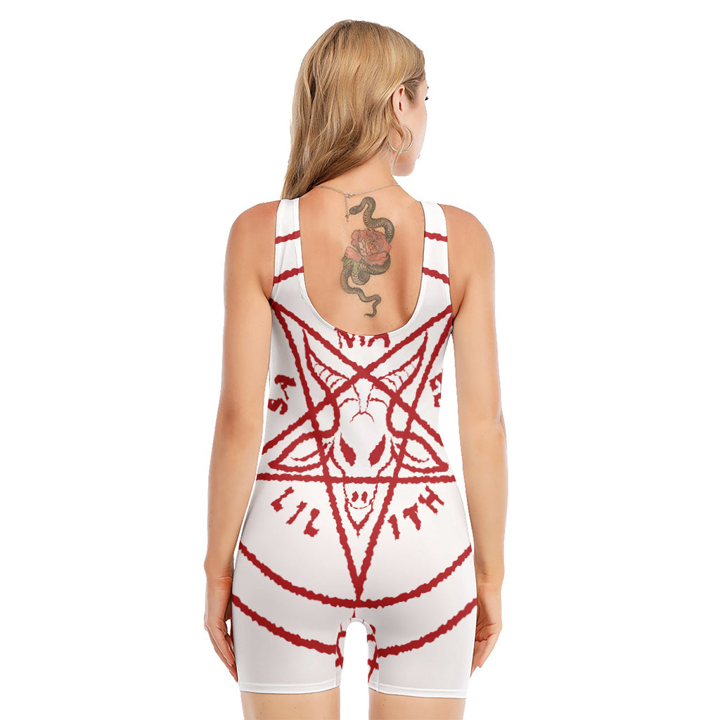 Red Satanic Pentagram Symbol Print Sleeveless One Piece Swimsuit