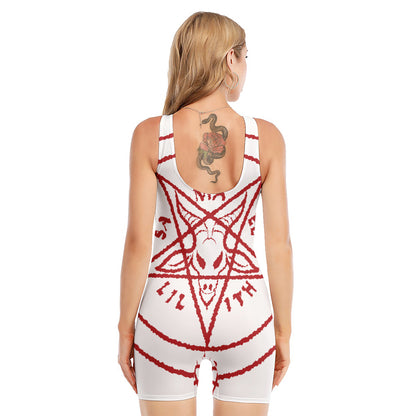 Red Satanic Pentagram Symbol Print Sleeveless One Piece Swimsuit