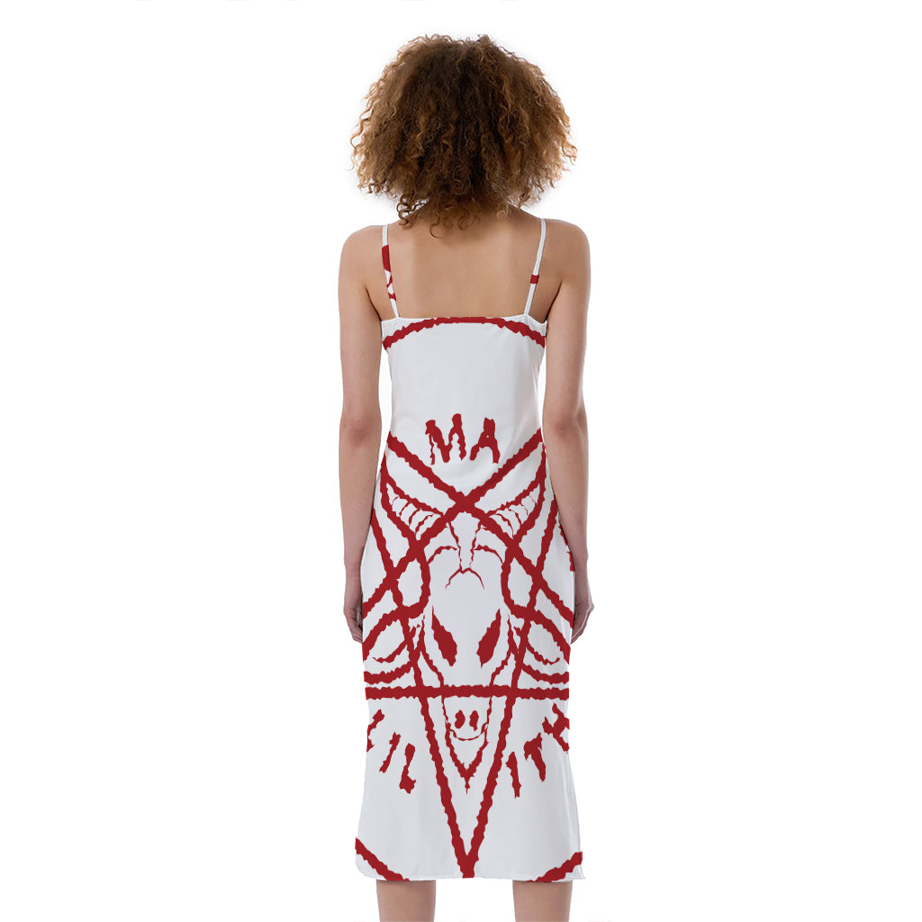 Red Satanic Pentagram Symbol Print Slim Fit Midi Cami Dress