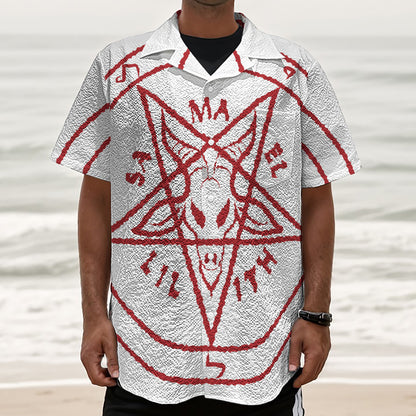 Red Satanic Pentagram Symbol Print Textured Short Sleeve Shirt