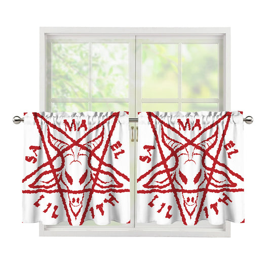 Red Satanic Pentagram Symbol Print Tier Curtains