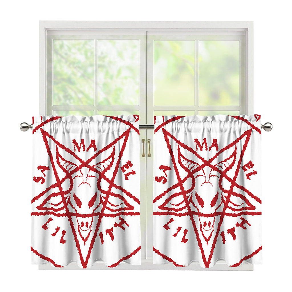 Red Satanic Pentagram Symbol Print Tier Curtains