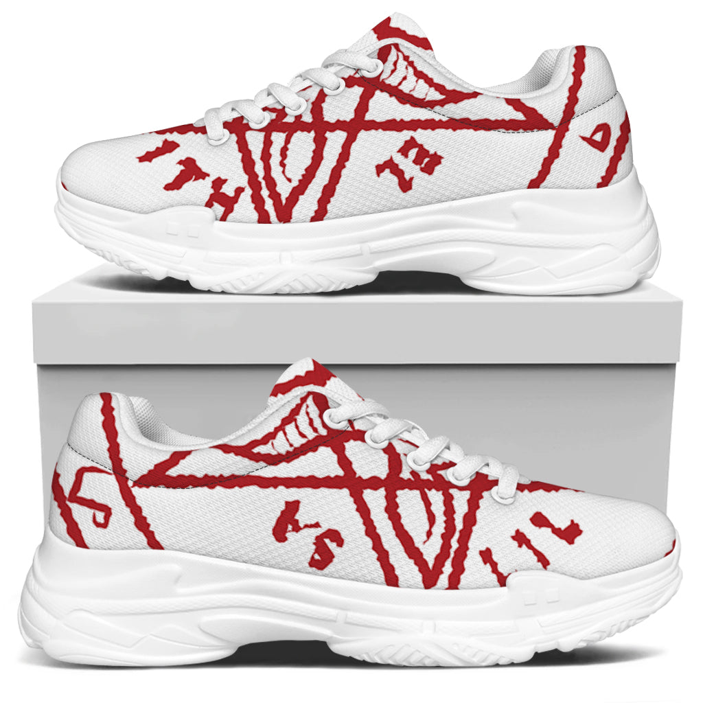 Red Satanic Pentagram Symbol Print White Chunky Shoes